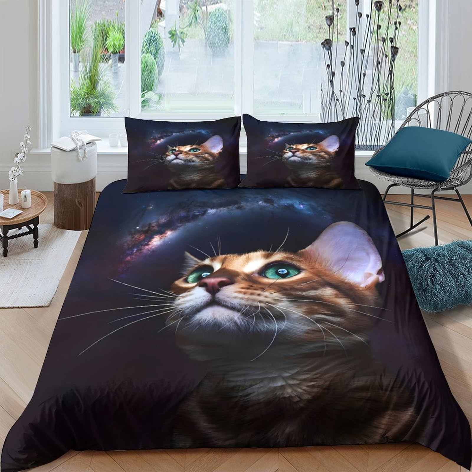 Ctjqhvkz Style-7 3D Printed Galaxy Cat Fitted Sheet Microfiber Soft Navy Bed Sheet Cosmic Nebula Mattress Cover For Bedroom Decor Single（135X200cm）