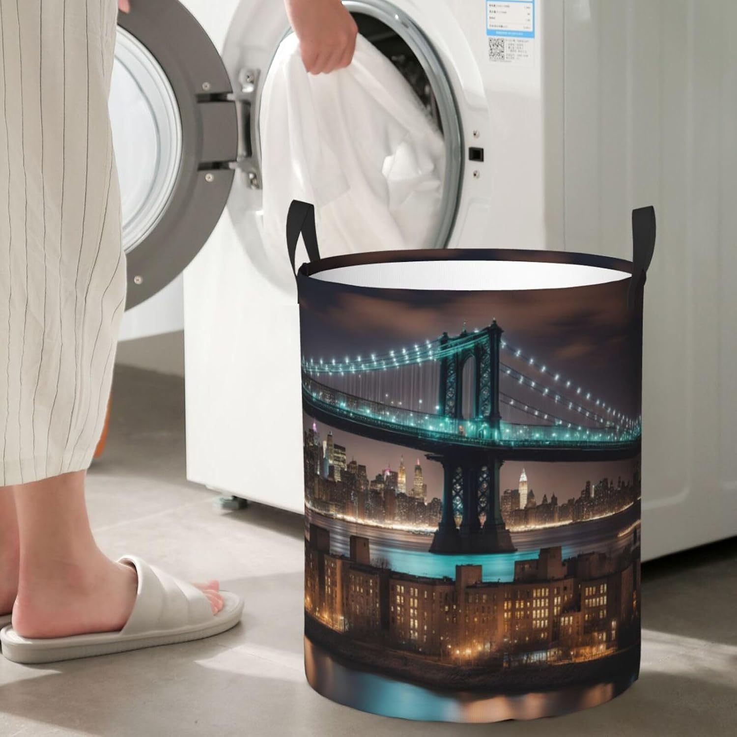 New York Manhattan Bridge Night Oxford Cloth Laundry Basket,Conveniently Sized For Kitchen,Living Room,Bathroom,And More