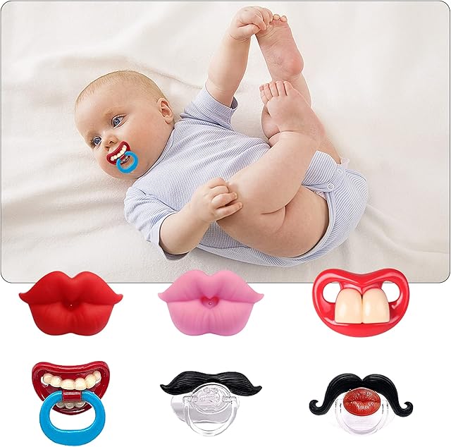 Upriver 6Pack Baby Funny Pacifier Cute Kissable Lips and Gentleman Mustache Teeth Pacifier, Soft Silicone for Babies and Toddlers Shower Gift Unisex-BPA Free