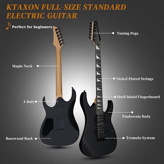 Ktaxon Full-Size Electric Guitar, Solid Body HSH Pickups 170 Guitars Beginner Kit with Gig Bag, Shoulder Strap, Tremolo Arm, Upgrade Cable, Capo All Accessories (Matte Back)