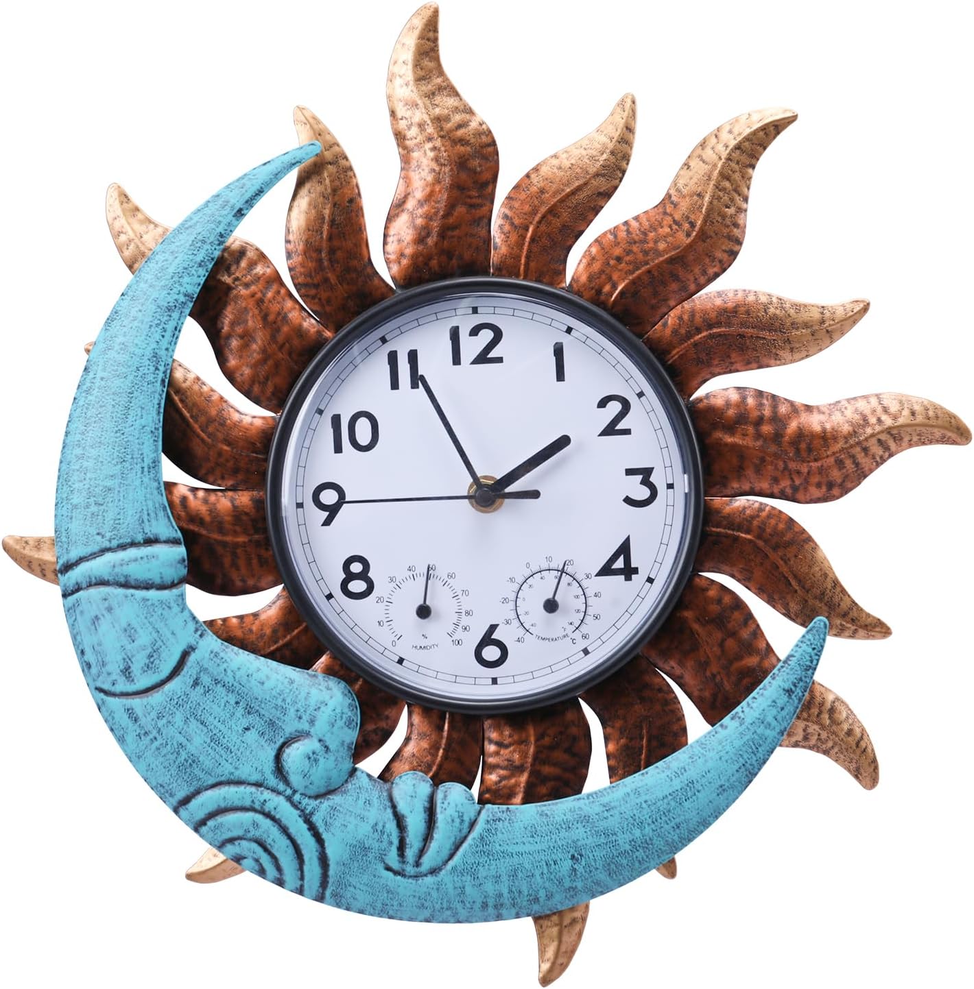 MUMTOP 14 Inch Sun Moon Waterproof Outdoor Wall Clock with Thermometer - Silent Vintage Clock for Patio, Pool, Garden, Home Decor