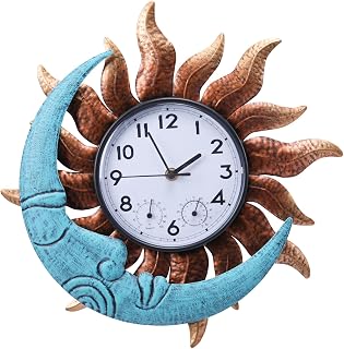 MUMTOP 14 Inch Sun Moon Waterproof Outdoor Wall Clock with Thermometer - Silent Vintage Clock for Patio, Pool, Garden, Home Decor