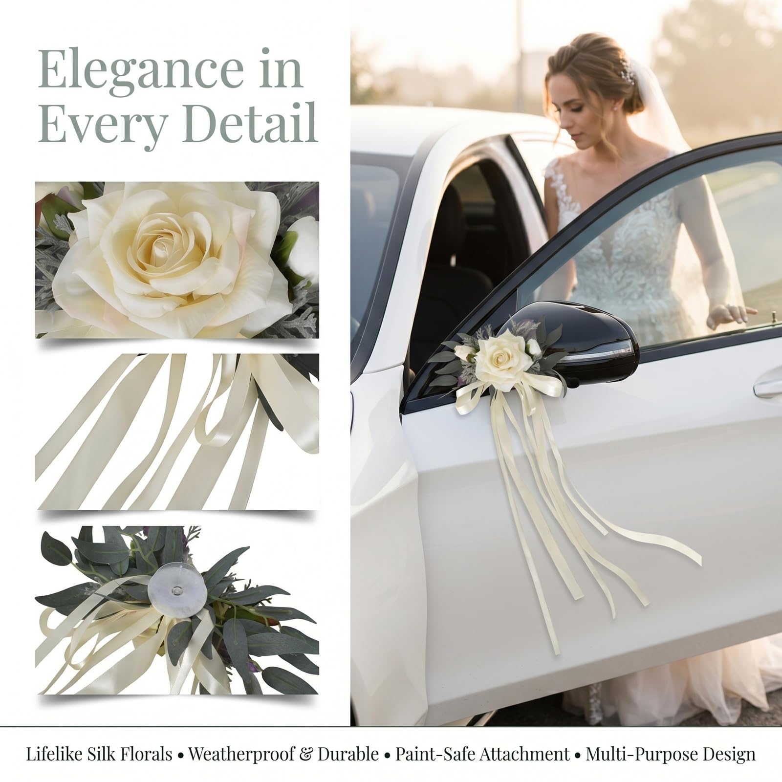 Naapesi Set di 2 Decorazioni Floreali per Specchietti Retrovisori Matrimonio Bianco Latte - Eleganti Fiori Artificiali con Nastri per Auto degli Sposi - Addobbi Auto Matrimonio Raffinati