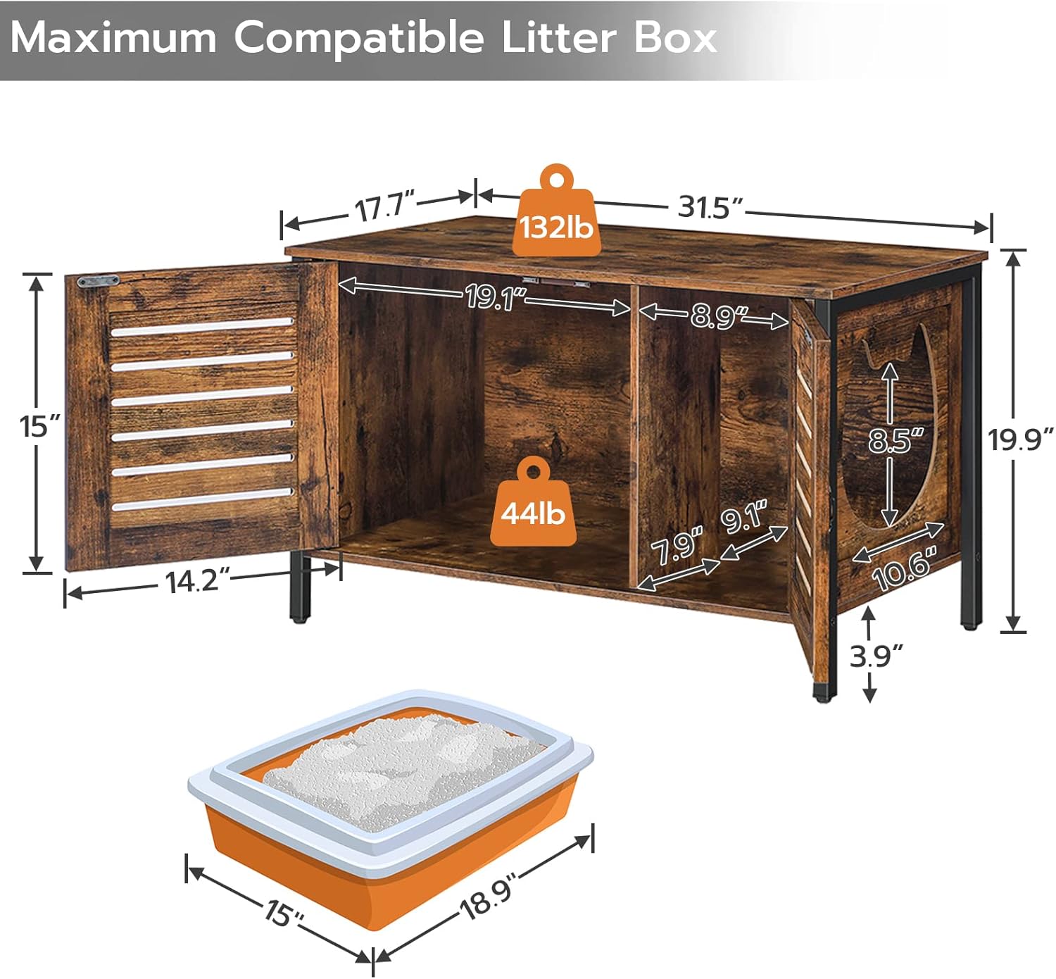 HOOBRO Cat Litter Box Enclosure, Hidden Litter Box Furniture with Shutter Door and Head Mat, Cat Litter Box Furniture Fit Most of Cats, 31.5''L x 17.7''W x 19.9''H, Rustic Brown BF06MW01