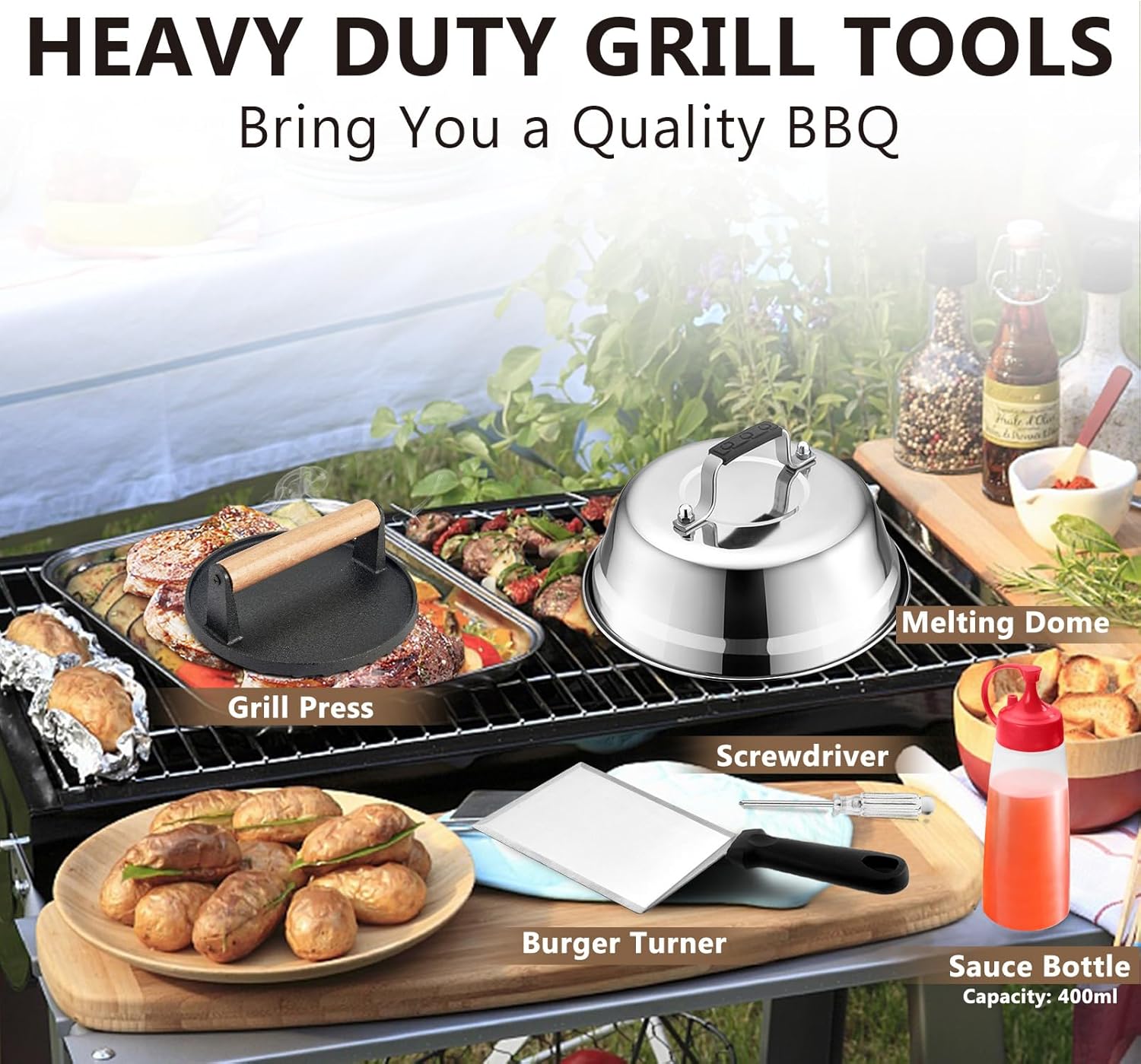 Griddle Accessories Smash Burger Kit (5Pcs), Joyfair Grill Spatula with 9in Melting Dome & Bacon Press Set, Stainless Steel Turner, Basting Cover, Cast Iron Press for Outdoor BBQ (PP Handle)