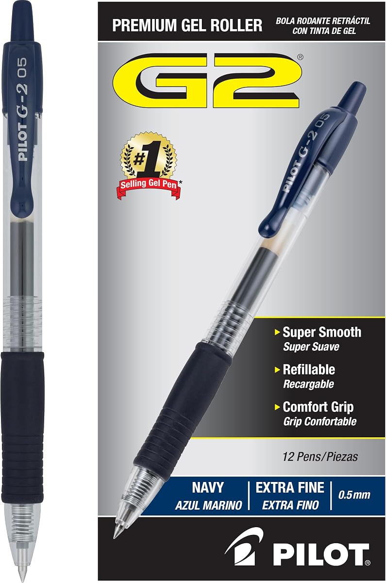 PILOT G2 Bolígrafos de gel con bola rodante premium, 0,5 mm, tinta azul marino, paquete de 12