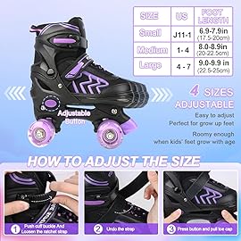 Kids Roller Skates for Girls Children Beginners Toddlers, Adjustable 4 Sizes Kids Roller Skates for Child Ages 4-6 -12 with Light up Wheels (Purple Black, Large - Big Kid/Youth)