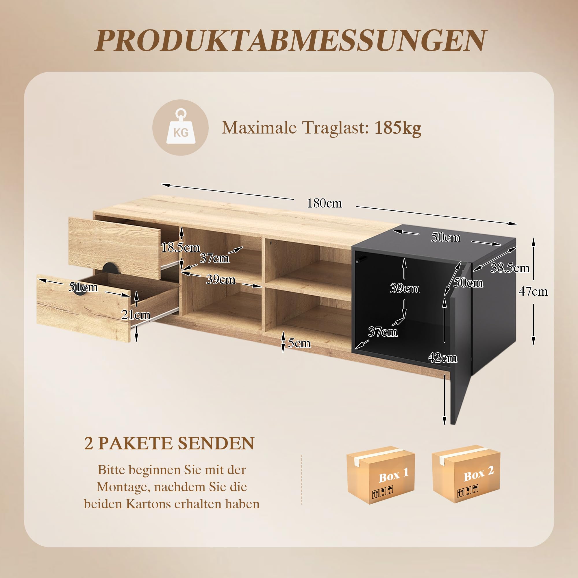 TV Schrank bis 80 Zoll, TV Lowboard mit LED, Fernsehtisch mit Offener Stauraum, TV Board, Fernsehschrank, Sideboard, für Schlaf- und Wohnzimmerschrank, Hochglanzdesign, 180cm, Schwarz