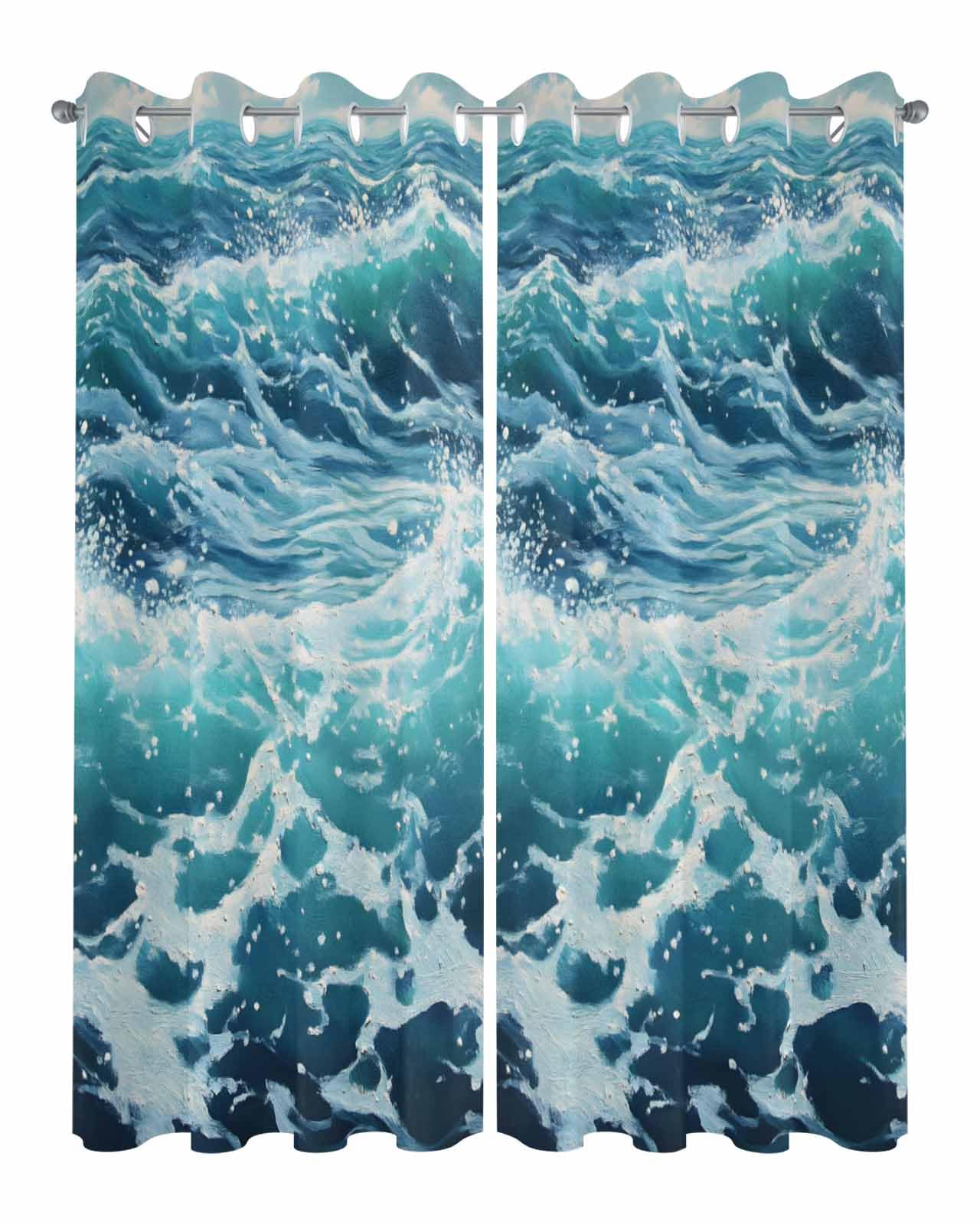 Litter Star Waterproof Outdoor Curtains for Patio Porch, Summer Seaside Watercolor Wavy Grommet Curtain Panel Windproof Outside Curtains Tieback, Teal Ocean Seamless Weighted Window Treatment Drapes