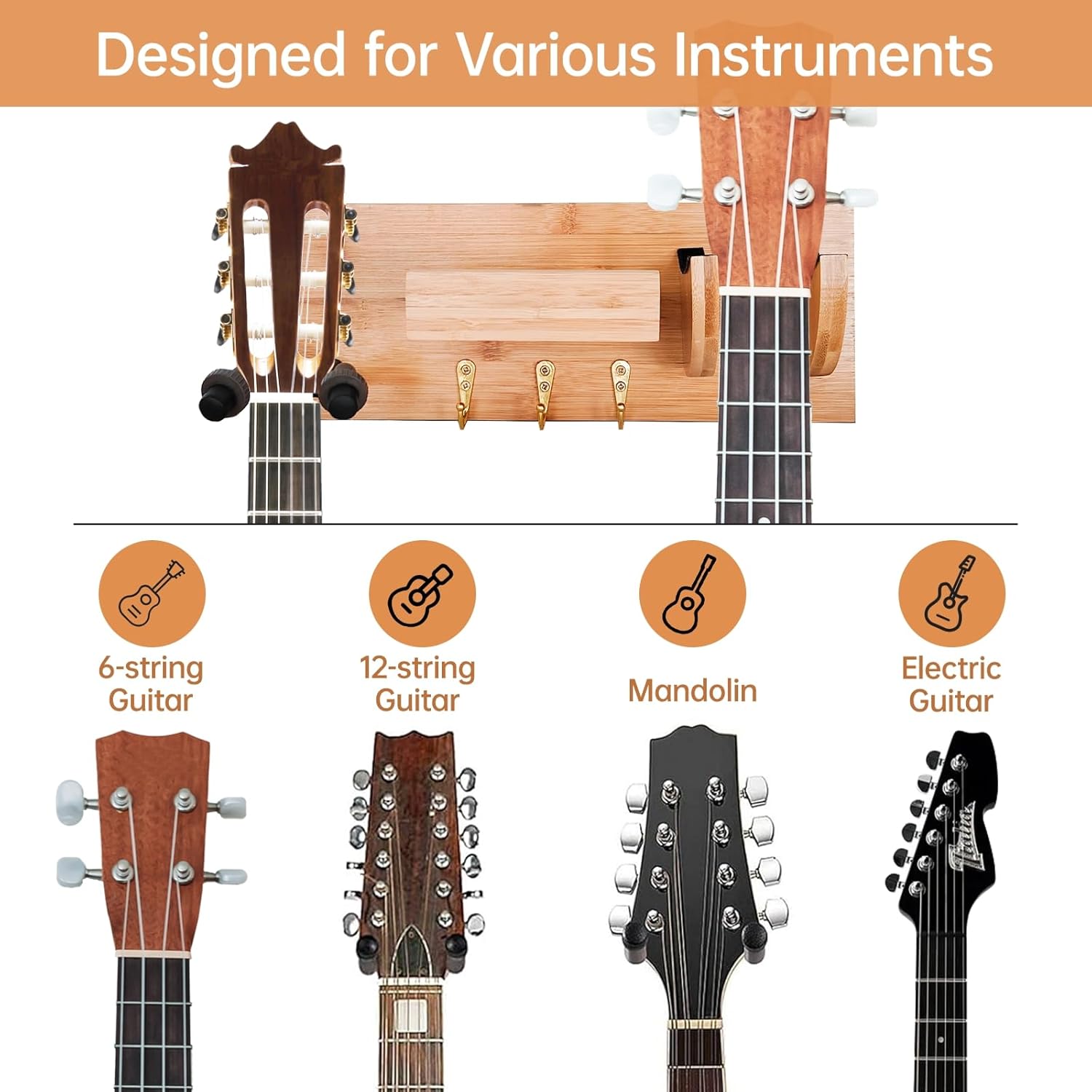 Bamboo Guitar Wall Mount - Guitar Shelf Hanger with 3 Hooks and Pick Holder, Wooden Guitar Hangers Rack for Acoustic, Electric, Bass, Ukulele, Guitar Accessories
