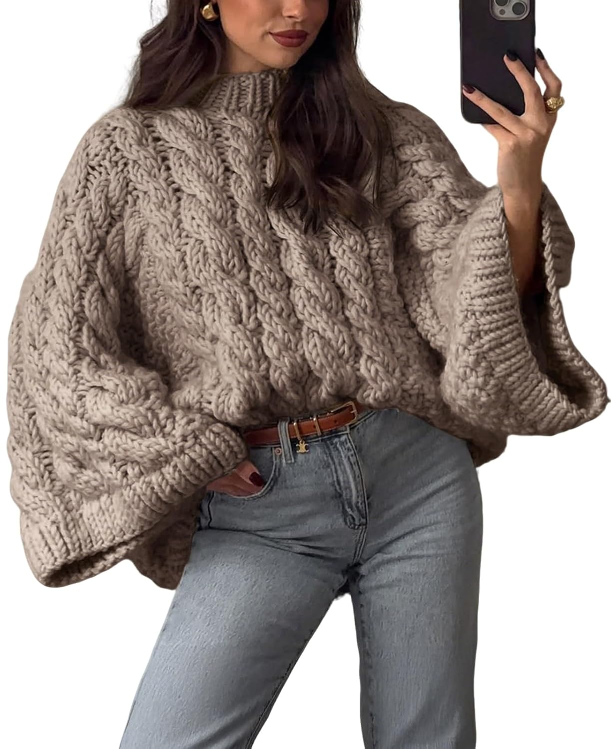 ZAFUL Womens Oversized Cable Knit Crewneck Sweaters Cozy Winter Clothes