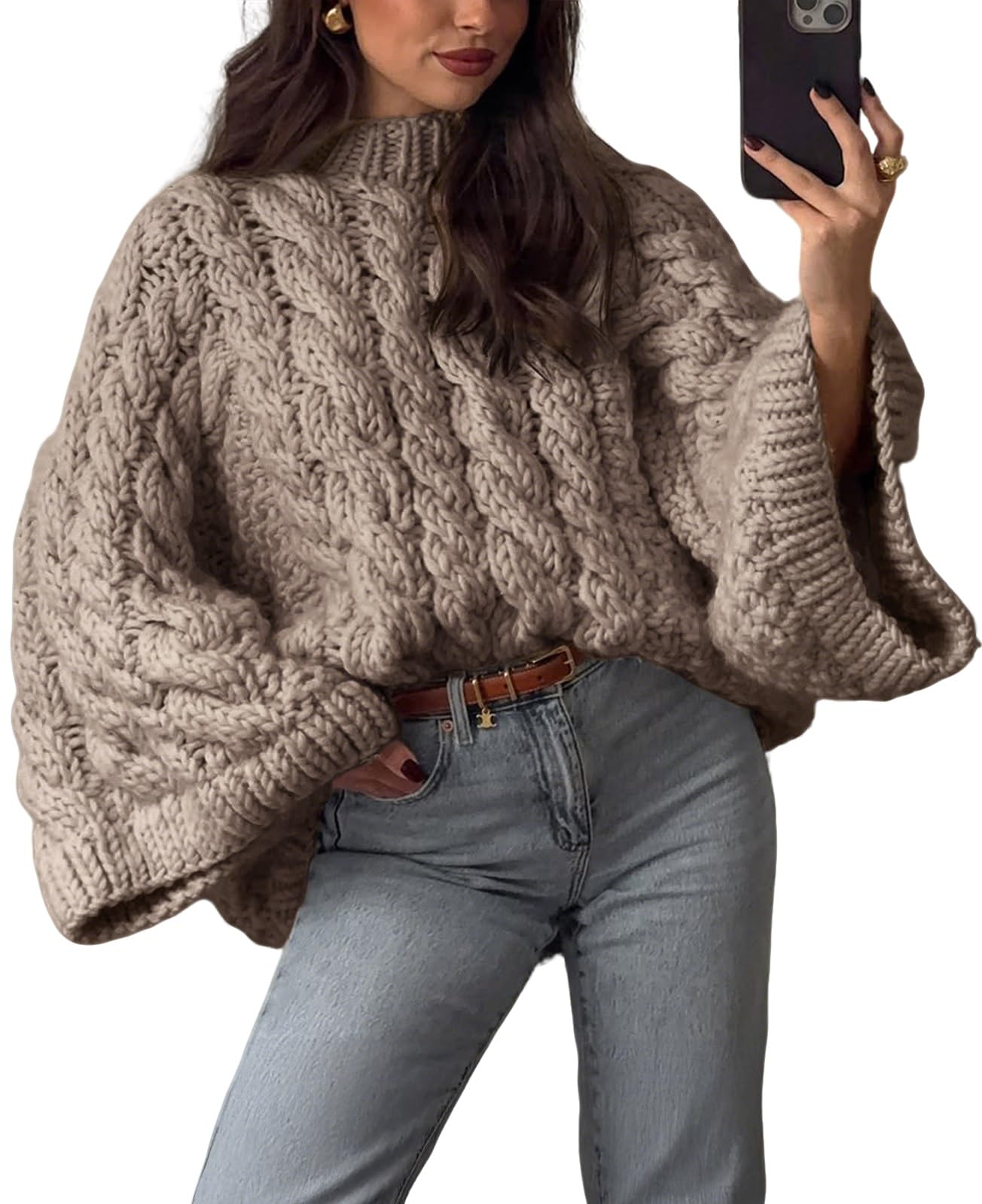 ZAFUL Womens Oversized Cable Knit Crewneck Sweaters Cozy Winter Clothes