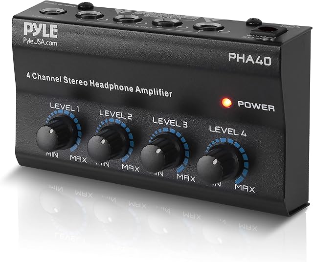 Pyle Headphone Amplifier - Portable and Powerful Mini Earphone Splitter Amp, 4 Channel with 1/4" Balanced TRS Headphones Output Jack and 1/4" TRS Audio Input For Sound Mixer
