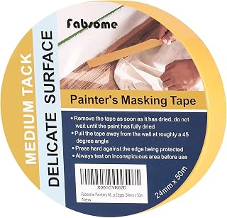 Fabsome Multi-Surface Painters Masking Tape 24mm x 50m, Sharp Paint Lines and Crisp Edges, Premium Yellow Medium Tack Washi Tape for Indoor Painting Decorating