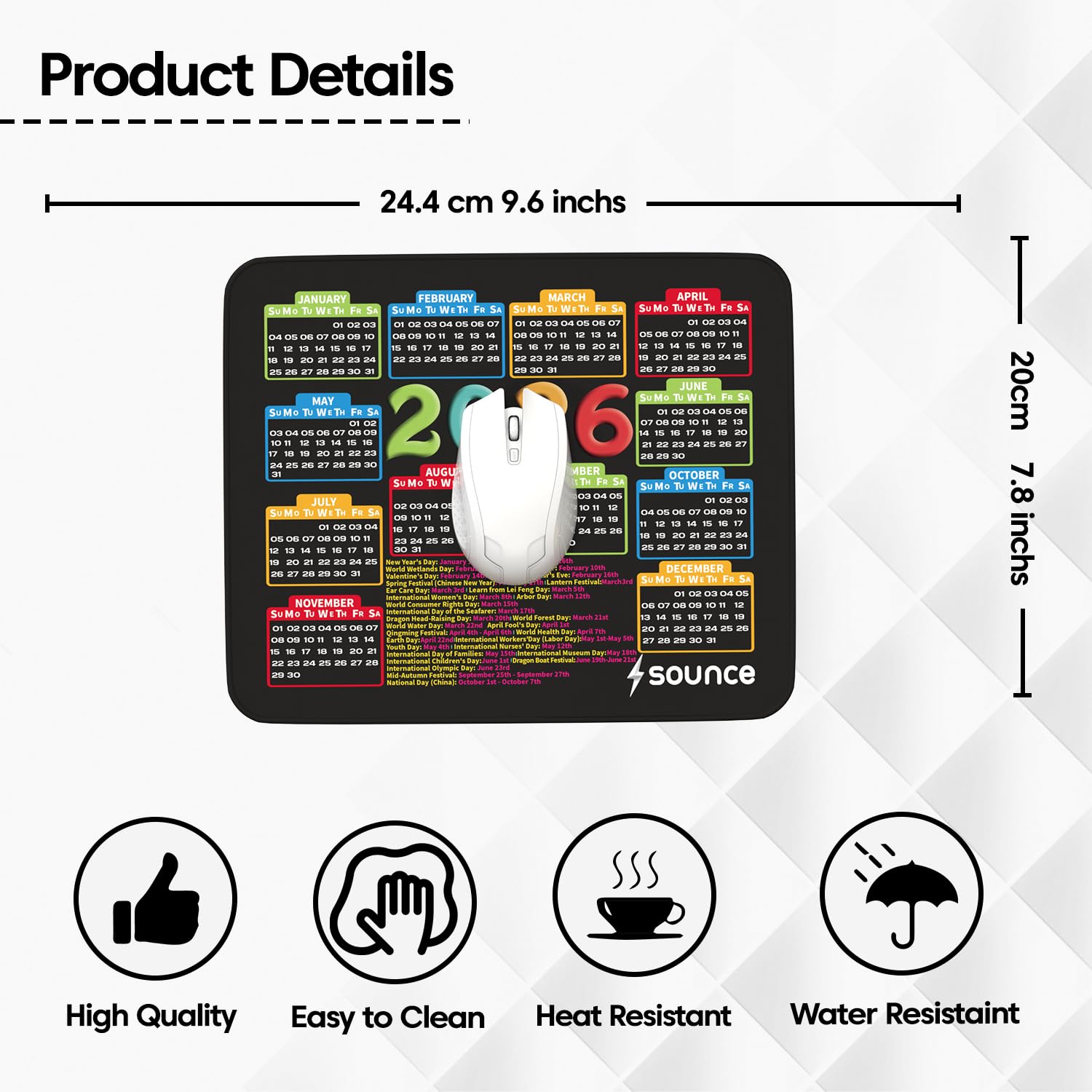 Sounce Mouse Pad 9.6x7.9x0.1 inch, Ultra-Smooth Tracking Surface for PC & Laptop, Durable Stitched Edges, Non-Slip Rubber Base, Washable Computer Mat, Anti-Fraying Design (2026 Calendar) Black 1
