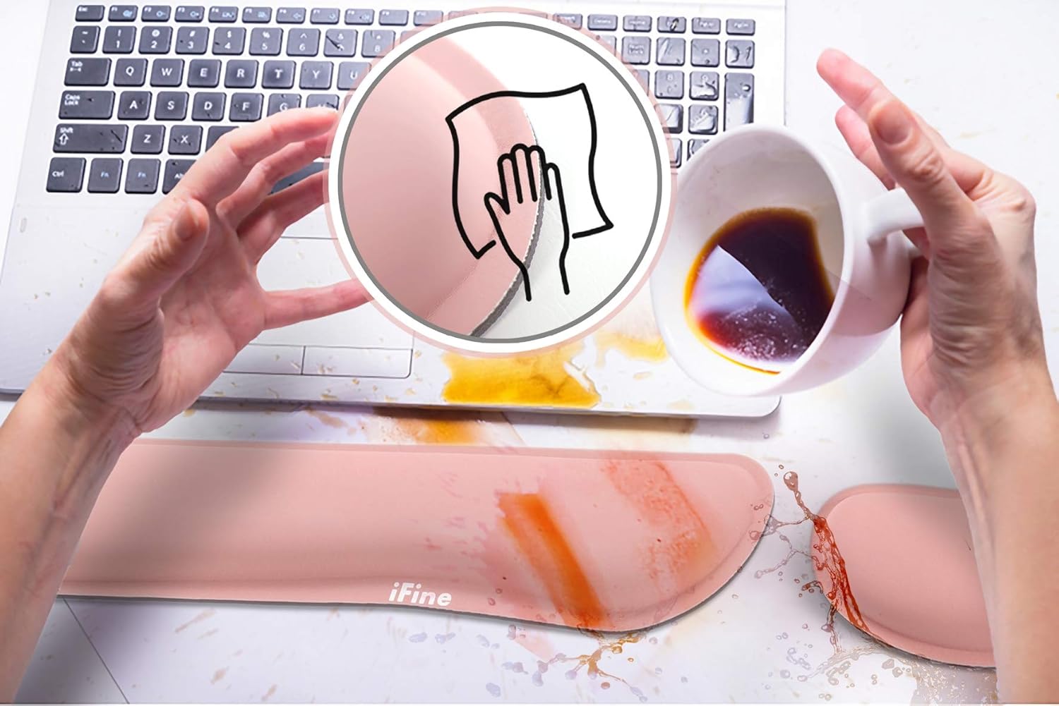 iFine Upgrade Cleanable PU Leather Keyboard Wrist Rest Pad & Mouse Wrist Cushion Support for School, Office, Home, Computer, Laptop, Mac, Waterproof Lightweight Comfortable Pain Relief Typing -Pink