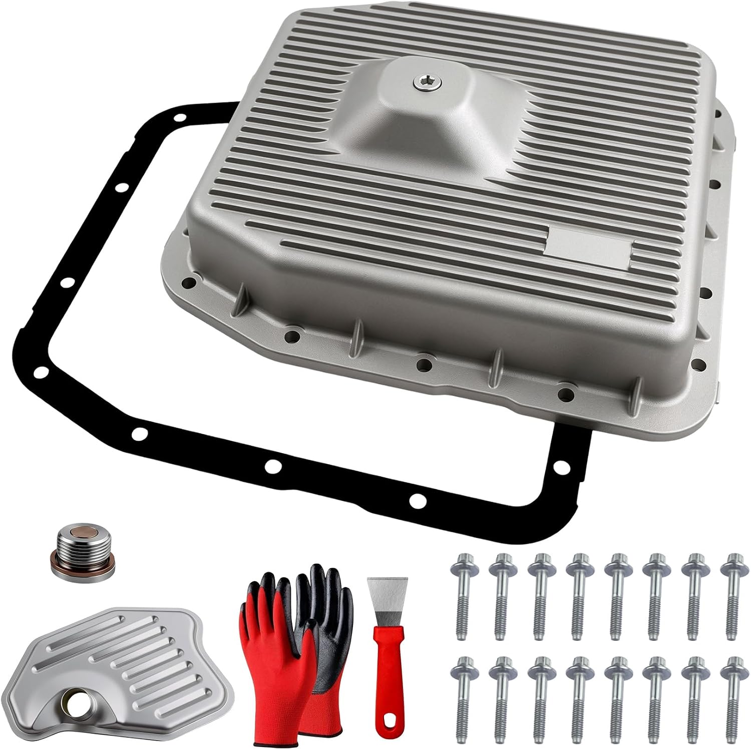 Upgraded aluminum Transmission Oil Pan with Magnetic Drain Plug & Gasket &Filter Compatible with 4R70W 4R75W 4R75E AOD-E Transmission & Ford F-150 Crown Victoria Expedition Mustang & Mercury Cougar