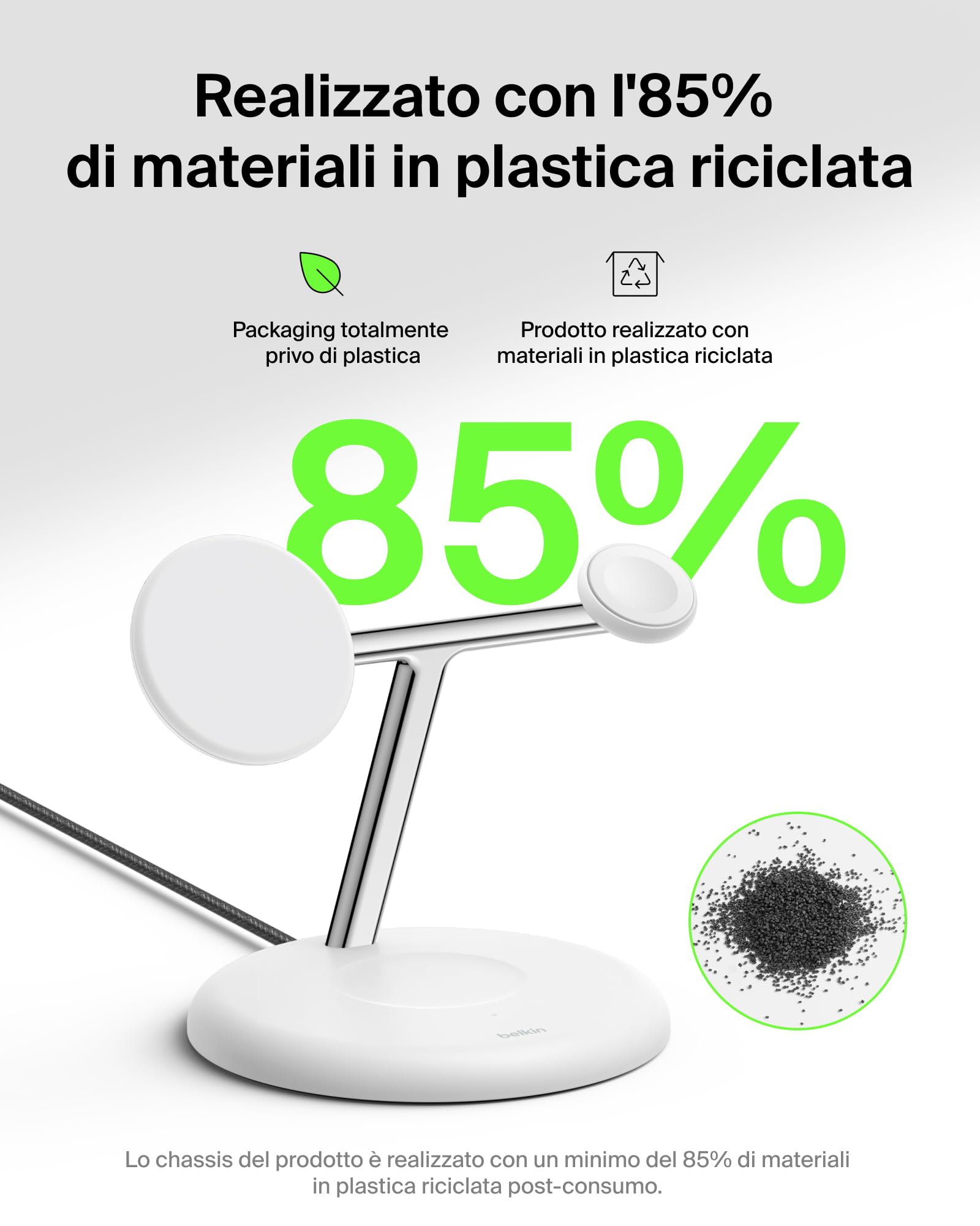 Belkin UltraCharge Caricatore Wireless Qi2.2 25W 3 in 1 - Bianco | Caricatore Wireless Magnetico MagSafe, Certificato Qi2.2 per iPhone, Apple Watch, Auricolari, Cavo USB-C e Alimentatore 45W
