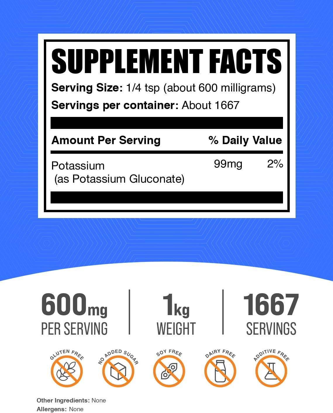 BulkSupplements.com Potassium Gluconate Powder - for Hydration Support, Mineral Supplement, Potassium 99mg - Gluten Free, 600mg per Serving, 1kg (2.2 lbs) (Pack of 1)