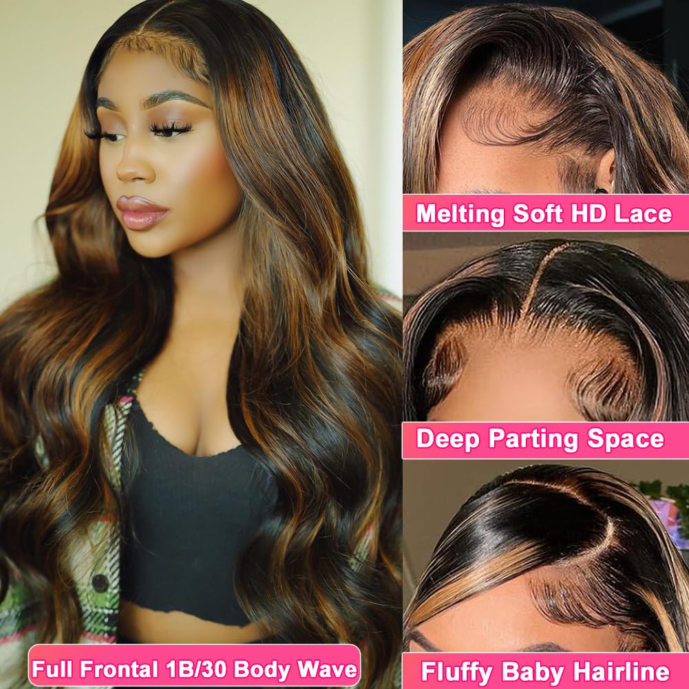 Ombre Highlight Lace Front Wigs Human Hair 13x6 Body Wave 1B/30 Lace Front Wig 180% Density HD Transparent Lace Frontal Wigs Human Hair Balayage Wig for Black Women 20 inch