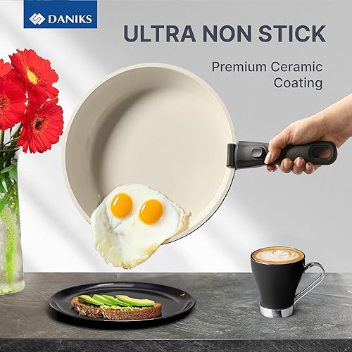 Miniatura 4 de Daniks Juego de utensilios de cocina antiadherentes de 9 piezas, ollas y sartenes de inducción de cerámica con asas de silicona desmontables, apto