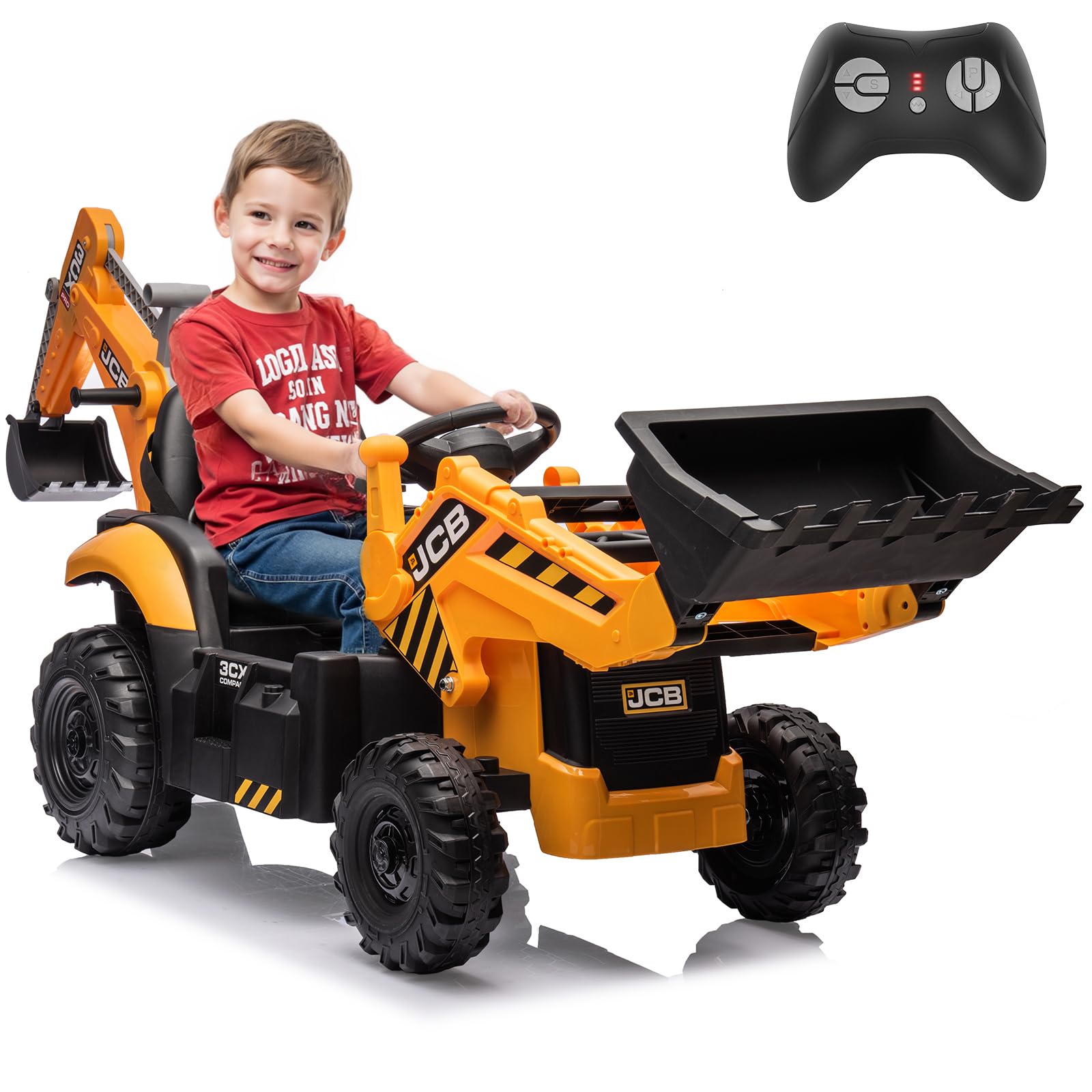 24V JCB Ride on Excavator, Ride on Toys for Big Kids with Remote Control,Ride on Backhoe Digger w/Tractor, Bulldozer, Ride on Car with Slow Start/Stop, Adjustable Speeds (Excavator, Yellow)