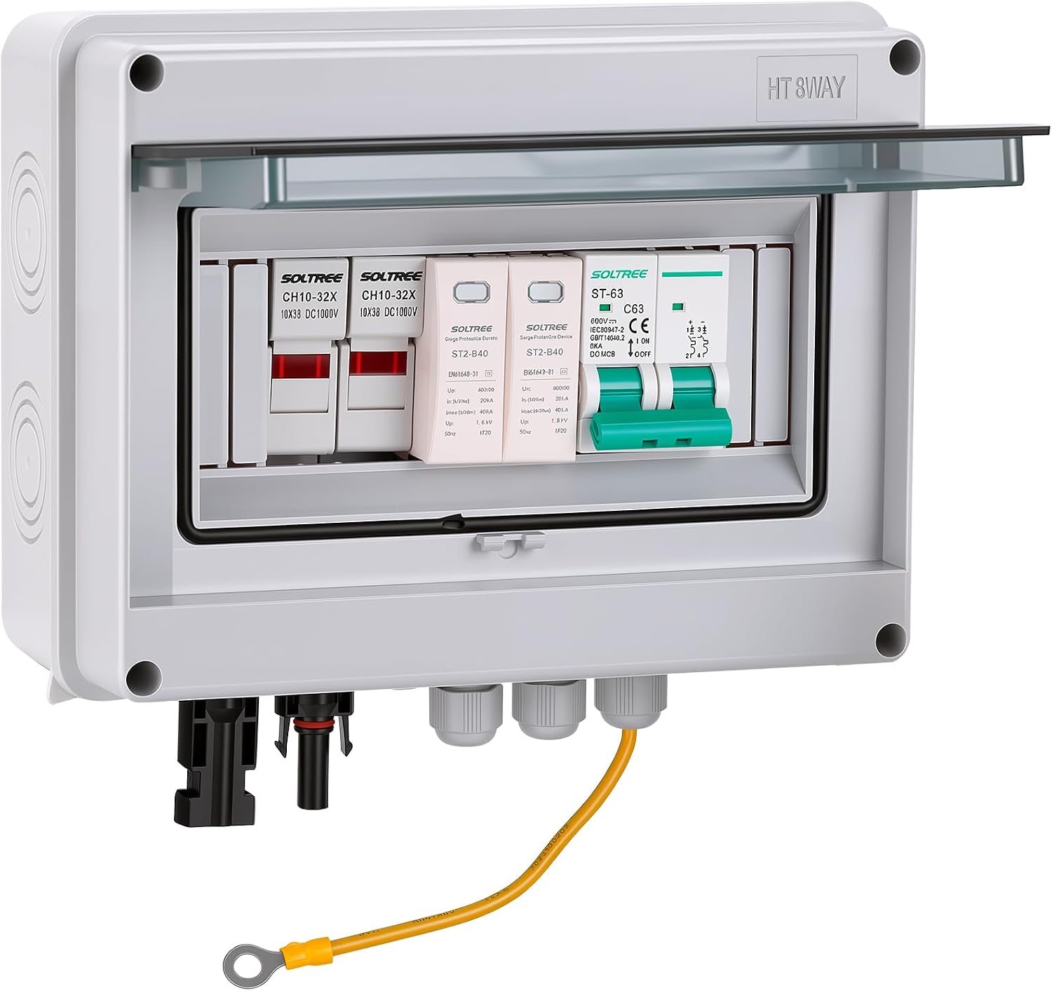 Solar Panel Combiner Box, 600V DC PV, 1-String, 1 Inputs 1 Output, 63A MCB with 2 DC Fuse Holders and Dual SPD, IP65 Waterproof for On-Grid and Off-Grid Solar Systems