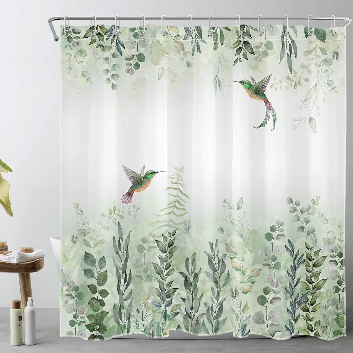 EOBTAIN Sage Green Leaf Shower Curtain Eucalyptus Hummingbird Bird Shower Curtains White Green Leaves Botanical Plant Floral Cottagecore Aesthetic Bathroom Curtain 12 Hooks Durable Fabric 72X78Inches