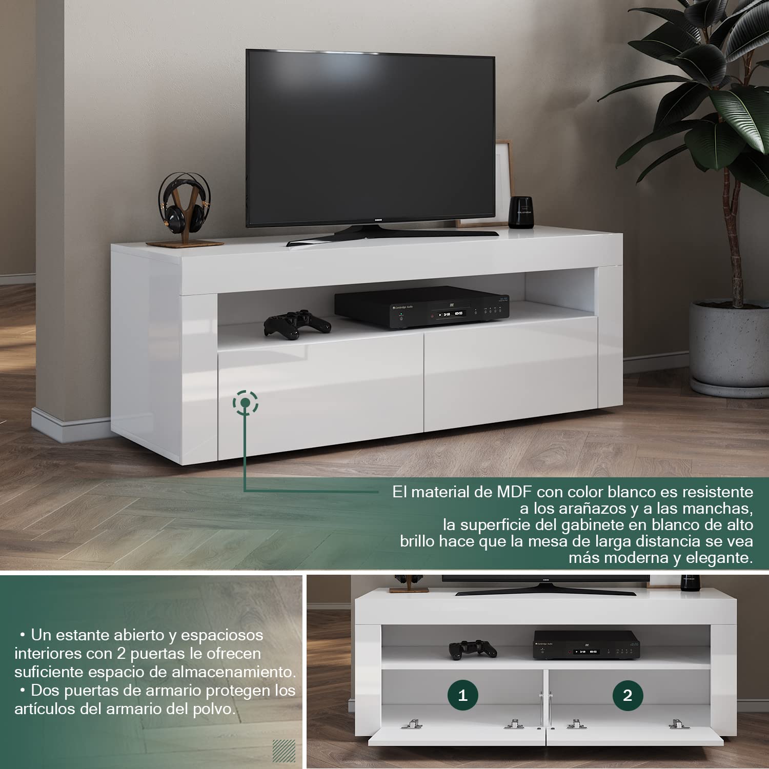 SONNI Mueble TV con Luces Regulables de 12 Colores,Mueble de Salón con LED y Estante de Cristal (Blanco, 120x40x45cm)