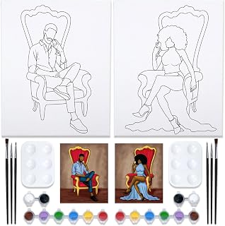 Nuberlic 2 Pack Canvas Painting Kit Bundle,Couples Paint Party Kits Pre Drawn Canvas for Painting for Adult,Afro King Queen Love Couple Pre Drawn Stretched Canvas Kit Art Set (12x16)