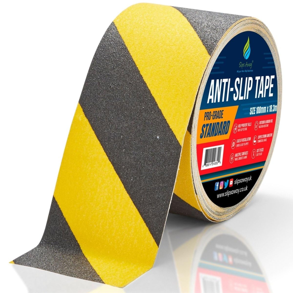SlipsAway Anti-Slip Tape Roll - Strong Adhesive Grip Tape for Stairs Tread, Ramp & Deck - 100mm x 18.3m Waterproof Non-Skid Tape for Indoor/Outdoor Use - Made in the UK - Hazard