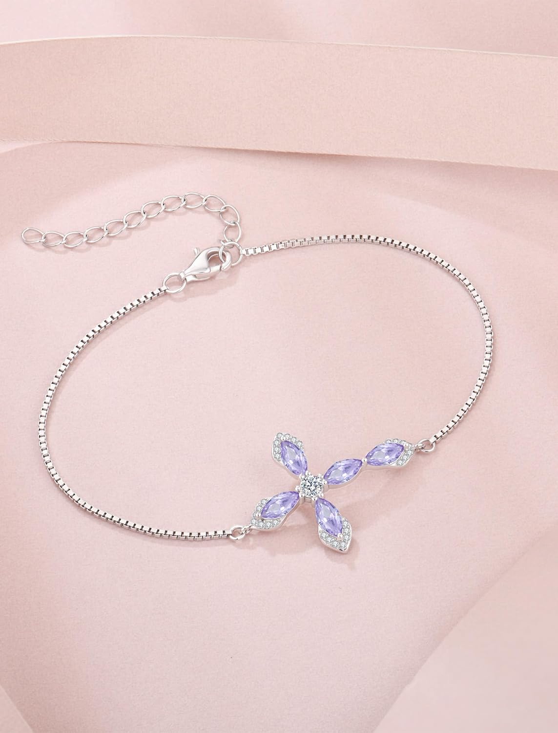 Cross Bracelet for Women 925 Sterling Silver Halo Gemstone Religious Christian Bracelet Birthstone Jewelry for Her