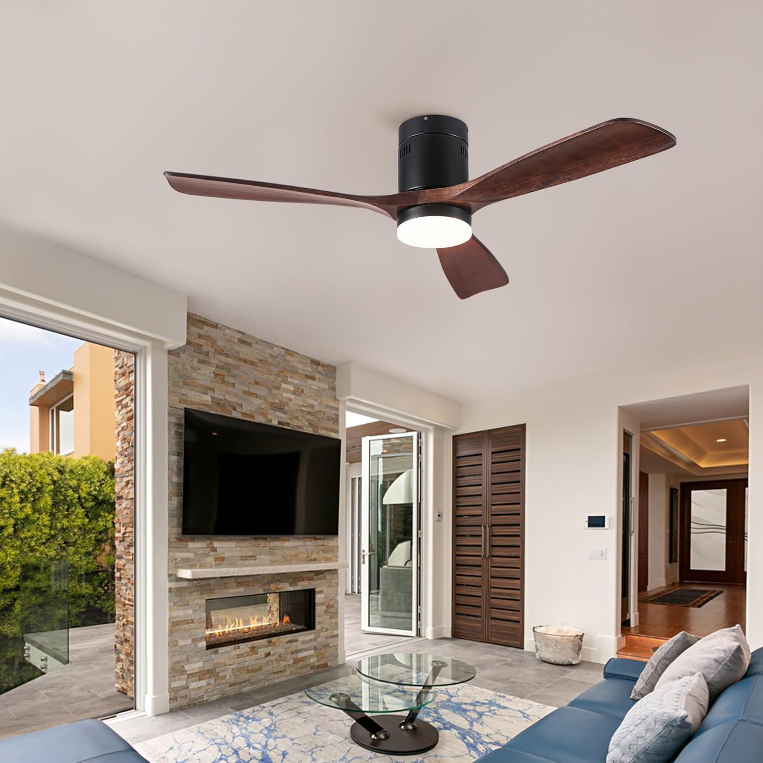 52" Integrated LED Ceiling Fan Lighting with Solid Wood Blade, Remote, 3 Modes, Living Room