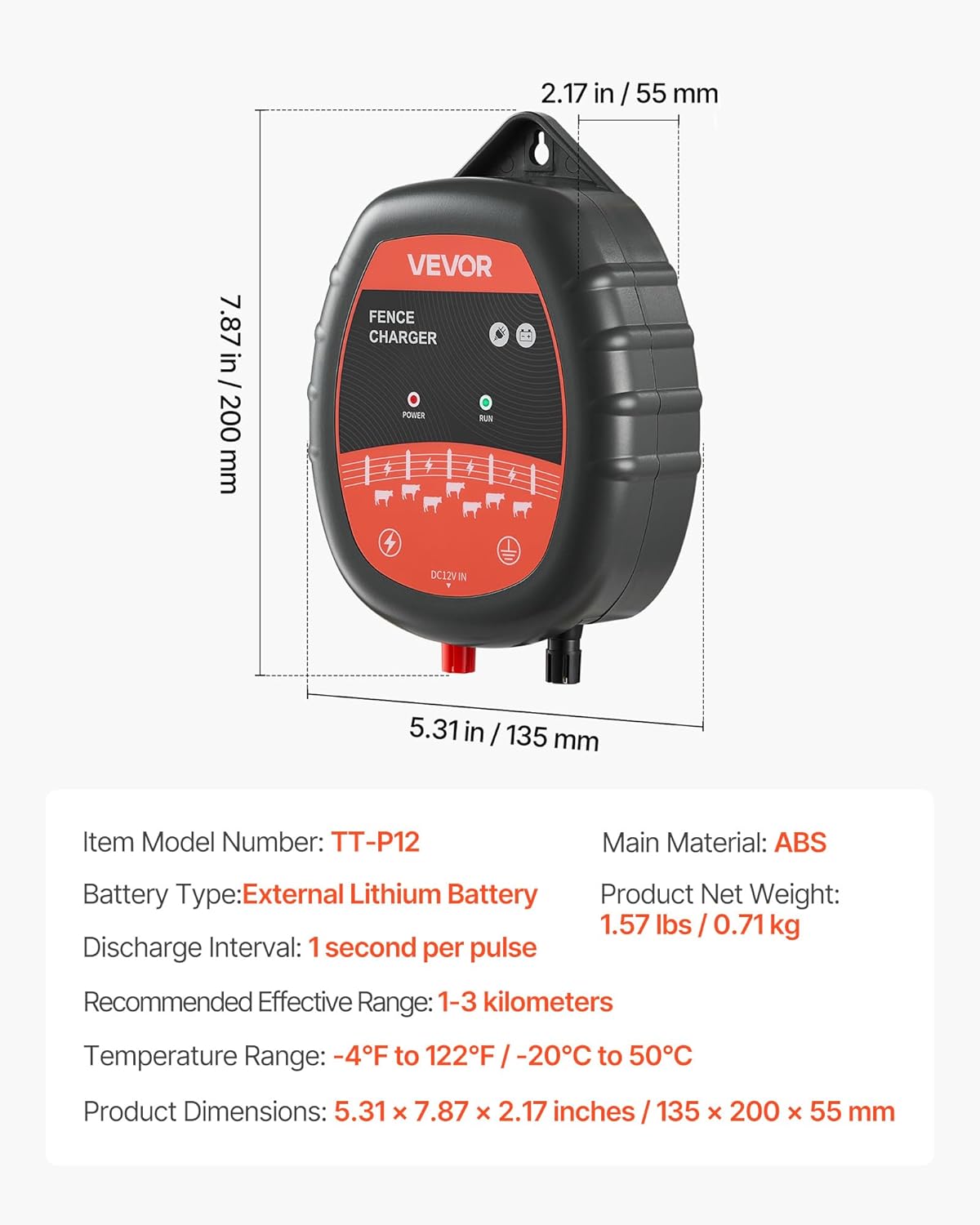 Dimensions and specifications of VEVOR Electric Fence Charger