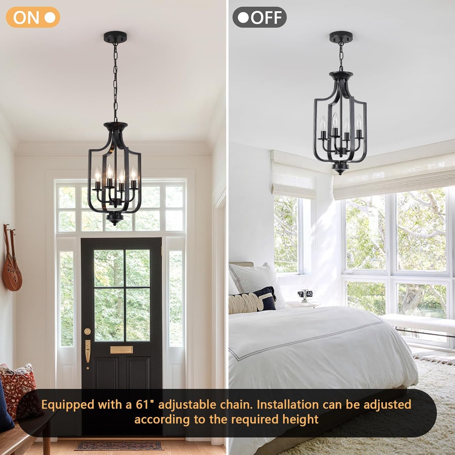 10.63" Black Chandelier 4-Lights Modern Farmhouse Lantern Chandeliers for Dining Room Rustic Metal Cage Industrial Vintage Pendant Light Fixture for Foyer Kitchen Entryway Living Room Hallway E12