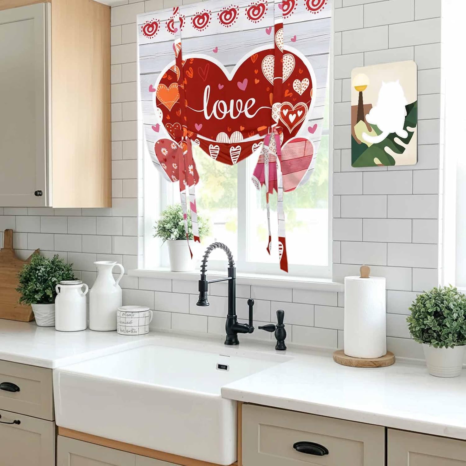 Gray Wood Valentines Day Tie Up Curtains for Window, Love Hearts Romantic Farmhouse Thermal Insulated Balloon Shade Adjustable Rod Pocket Curtains Valance Panels for Kitchen Bathroom Café 52'' x 45''