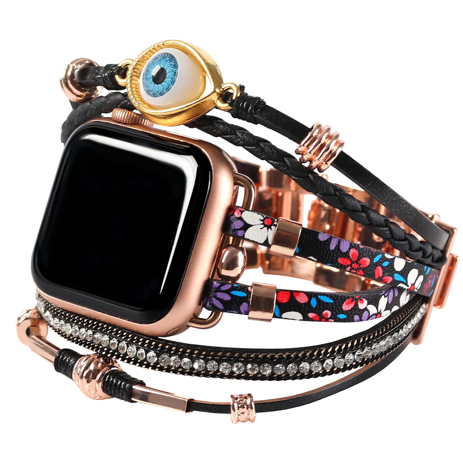 Posh skórzana bransoletka, paski kompatybilne z Apple Watch Band 38 mm, 40 mm, 41 mm, boho, ręcznie robiona biżuteria, wielowarstwowy pasek do smartwatcha, opaska na nadgarstek do iWatch serii SE, 7