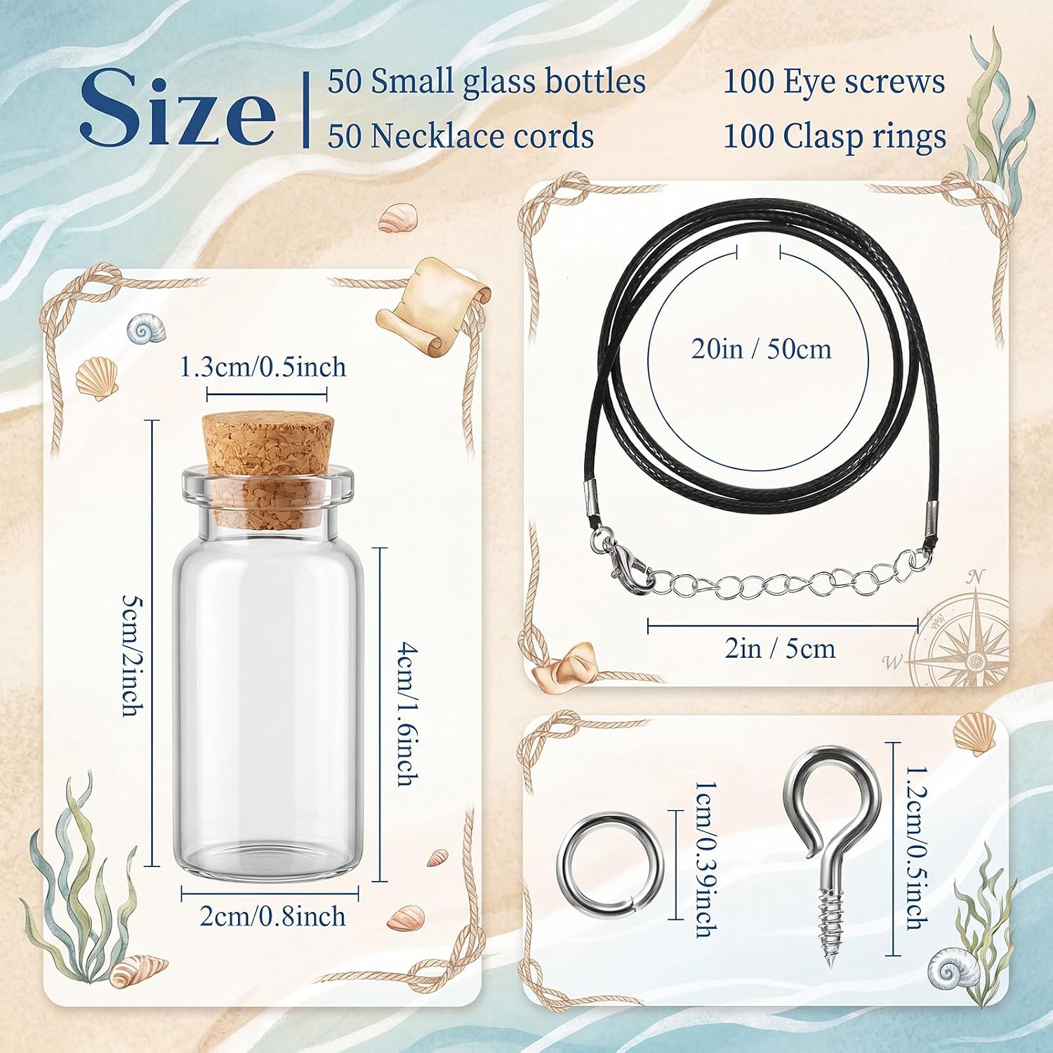 Sawysine 50 Set 10 ml Mini Glass Bottles with Cork Necklace Glass Tiny Wishing Bottle Vial Black Waxed Cord Eye Screws Clasp Rings for DIY Crafts Container Jars(Colorful) image 2