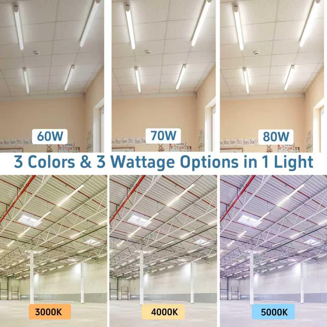 8FT LED Shop Light Fixtures, Commercial 8’ LED Strip Lights 80/70/60W 3/4/5000K Adjustable, Linkable Linear Lighting for Workshop, Warehouse, 0-10V Dimmable, Hardwired, 2Pack