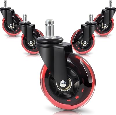 3 Inch Office Chair Casters, 5 Pack Heavy Duty PU Wheels with 11x22mm Standard Stem, 650LBS Load Capacity, Floor-Safe Silent Swivel Casters for Office/Gaming Chairs, No Chair Mat Needed(Red)