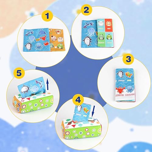 Miniatura 4 de Joyreal Caja de pañuelos para bebé, juguetes Montessori para bebé con 12 pañuelos de tela lavables coloridos, juguetes sensoriales de desarrollo