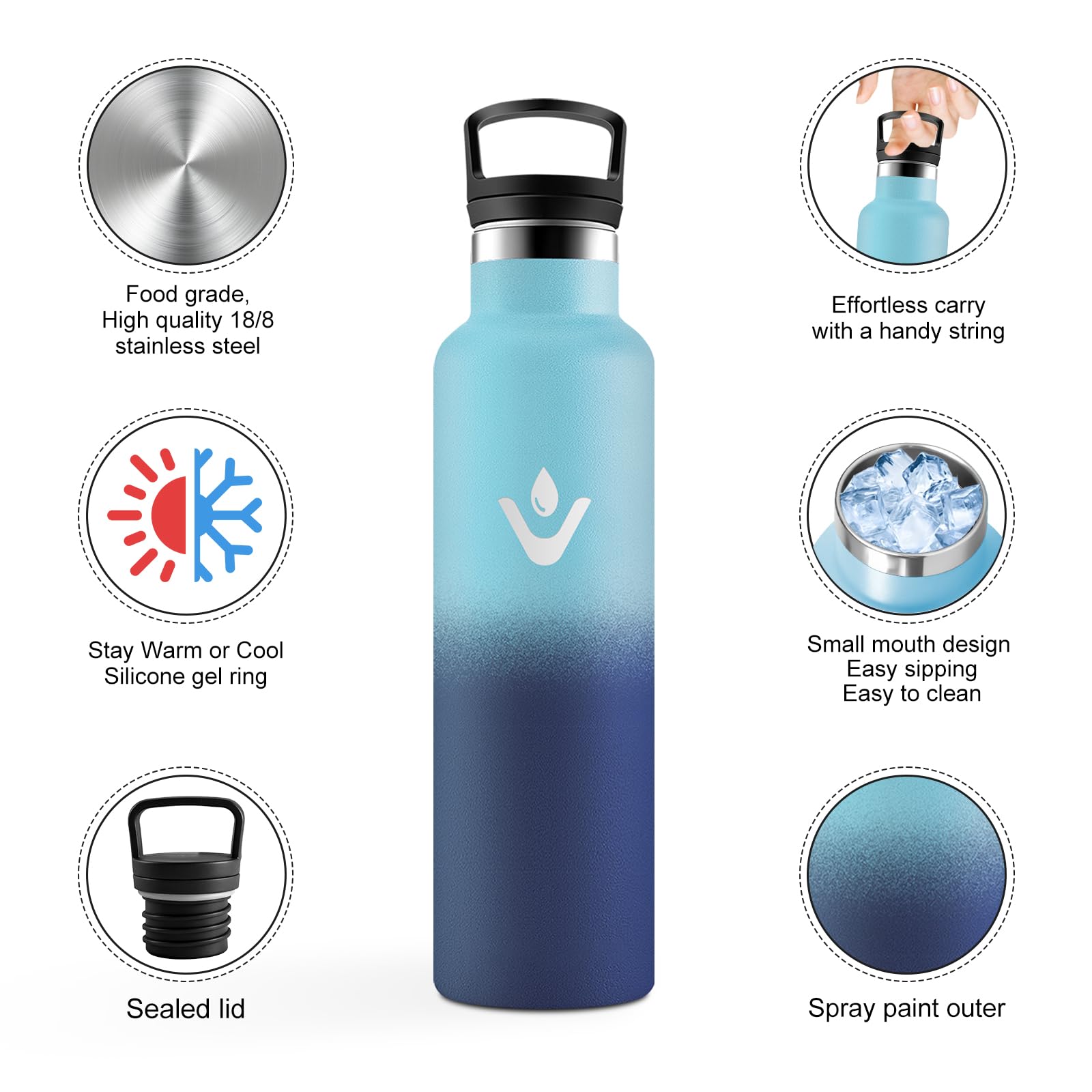 JAPORIA Borraccia Acciaio Inox 750ml, Termos con Cannuccia, a prova di perdite, Riutilizzabile, senza BPA, per Viaggio, Campeggio, Gimnasio