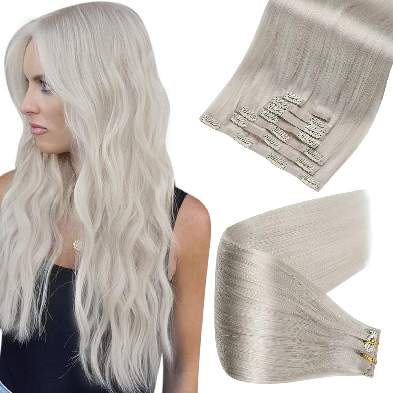 Full Shine White Clip in Hair Extensions Human Hair Seamless Blonde Hair Extensions Clip in Human Hair Skin Weft Invisible for Women Clip ins 8Pcs 120 Grams Long Hair Extensions 20 Inch