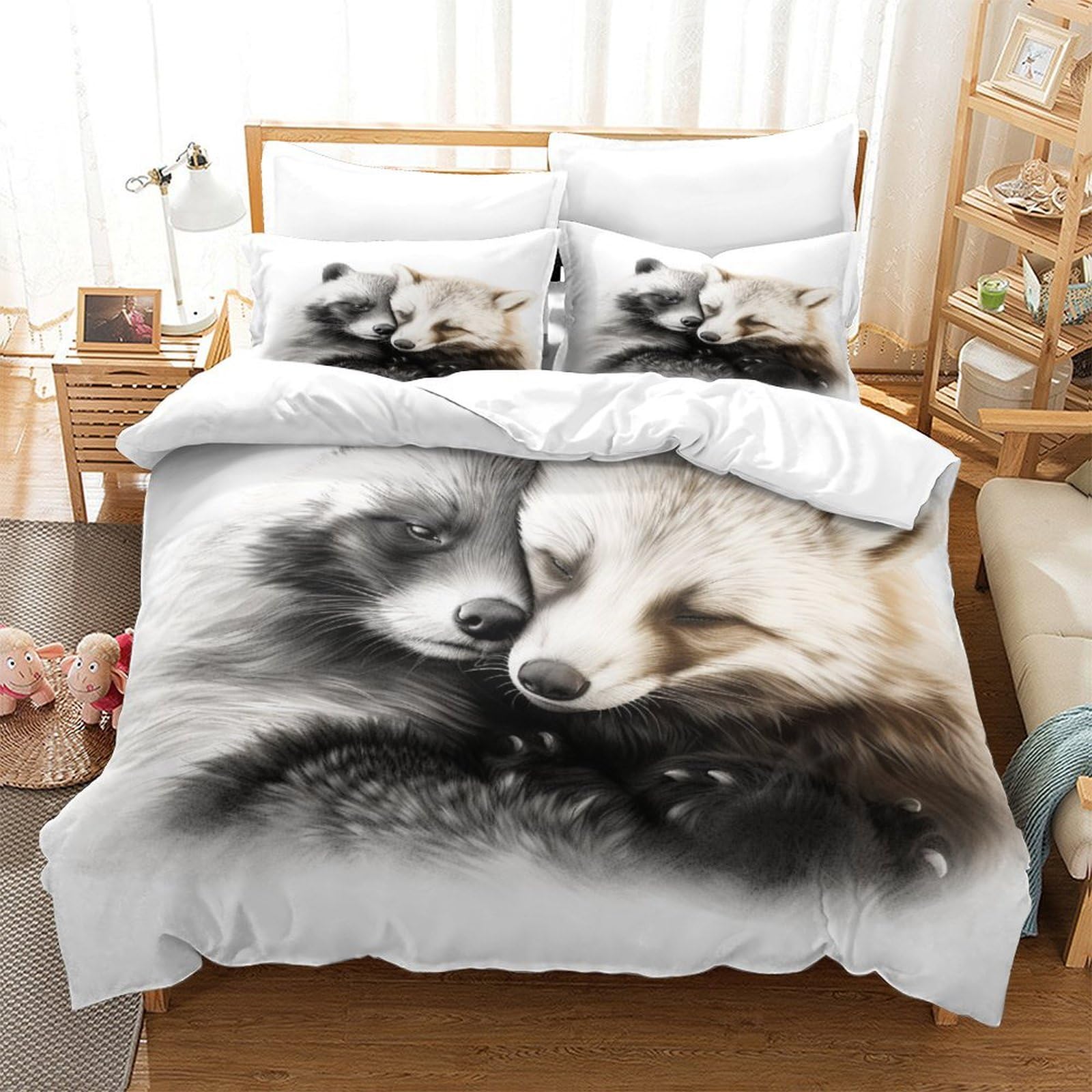 P1S9U7W5Y 3D Printed Cozy Raccoon Animal Pattern Duvet Cover Set 3 Pieces Microfiber Bedroom Decor Animal Bedding Set for Adults Teens Soft Breathable Gift King（220x240cm）