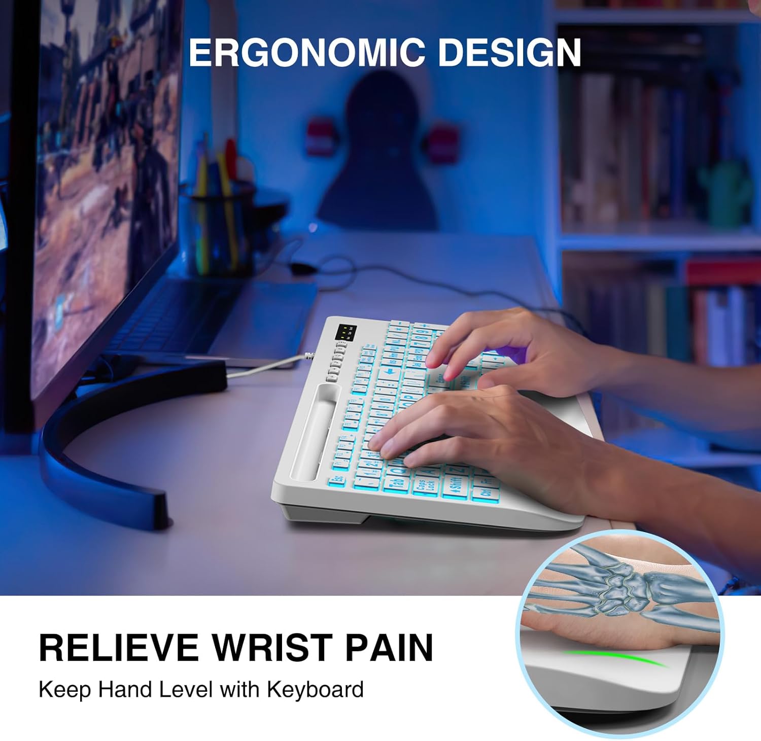 User typing on SABLUTE keyboard, demonstrating ergonomic wrist rest.