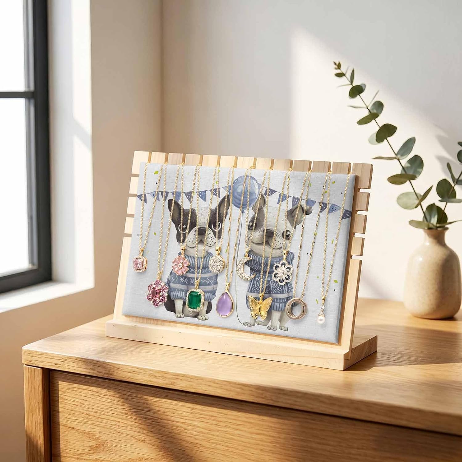 Necklace Display Stand Cute Pet Dog Bulldog with Sweater Detachable Necklace Holder Jewelry Display Storage, Balloon Flag on Burlap Wooden Jewelry Organizer for Selling 12x3x8in