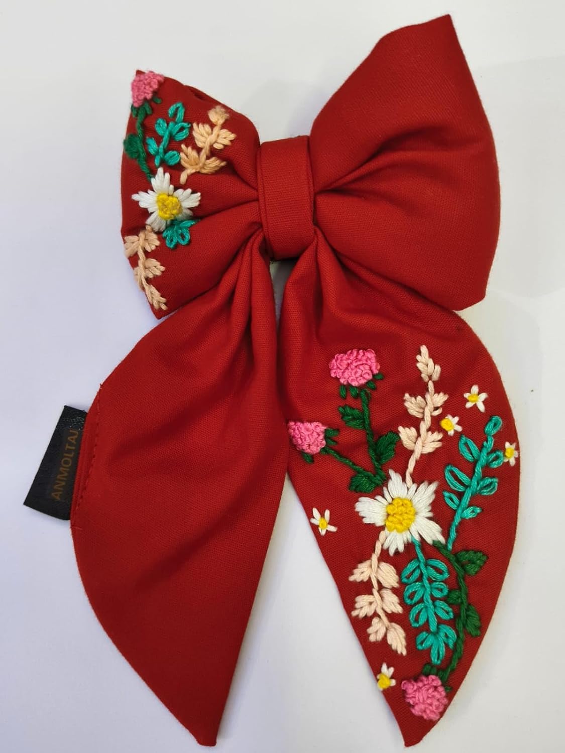 Red Floral Embroidered Hair Bow, Large Statement Bow with Daisy and Carnation Design Red Floral Embroidered Hair Bow, Large Statement Bow with Daisy and Carnation Design
