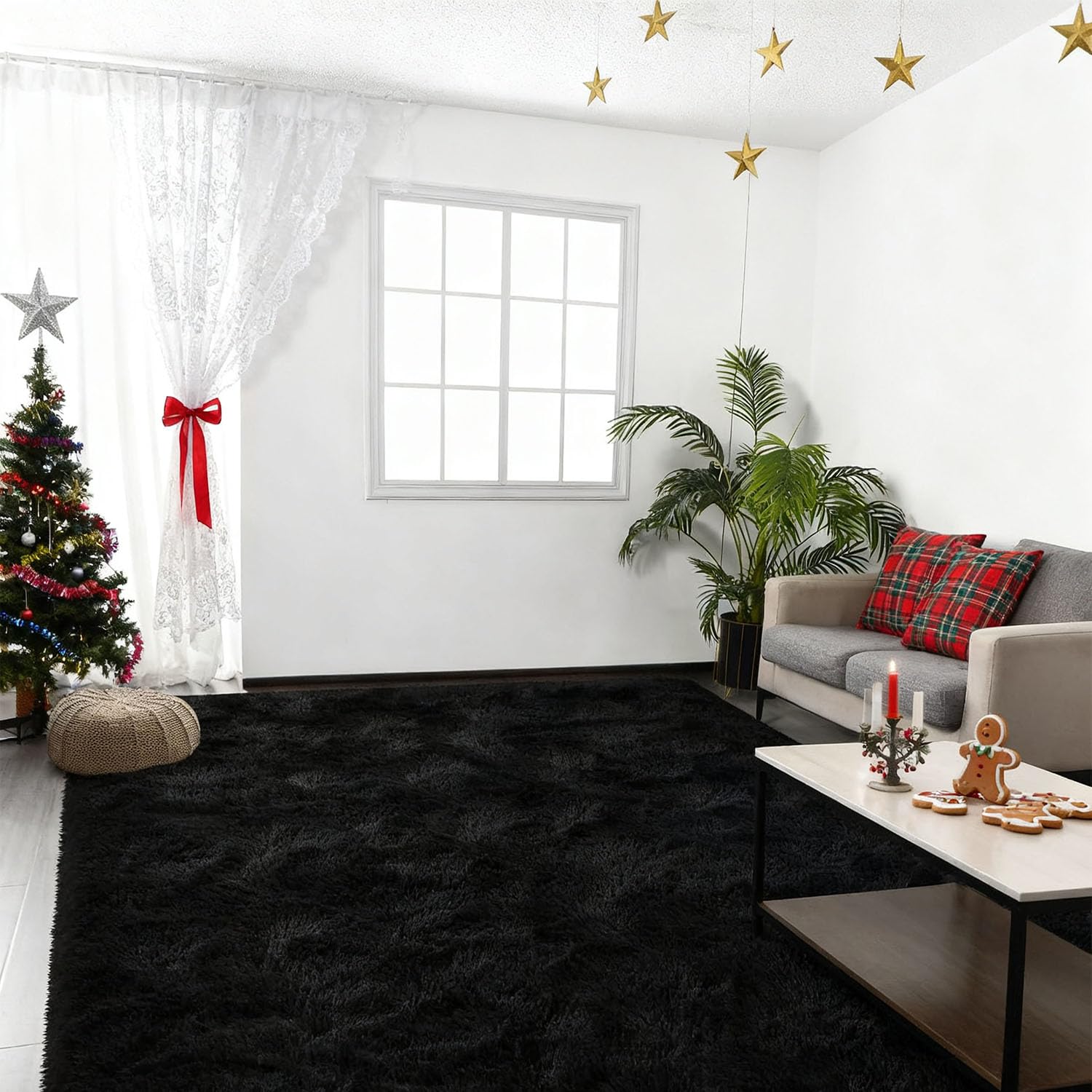 Tapis salon shaggy noir 150x470cm moelleux lavable antidérapant