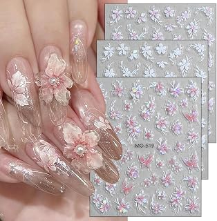3 Sheets 5D Flower Nail Decals for Nail Art Holographic Laser Flowers Nail Art Stickers White Pink Butterfly Nail Stickers Self-Adhesive Embossed Floral Nail Supplies for Women Party Wedding Decor