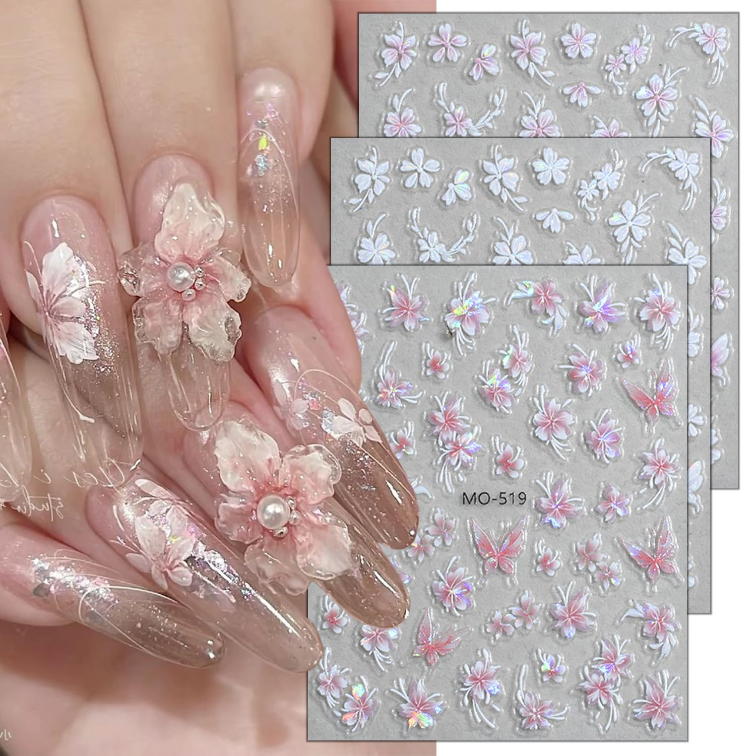 3 Sheets 5D Flower Nail Decals for Nail Art Holographic Laser Flowers Nail Art Stickers White Pink Butterfly Nail Stickers Self-Adhesive Embossed